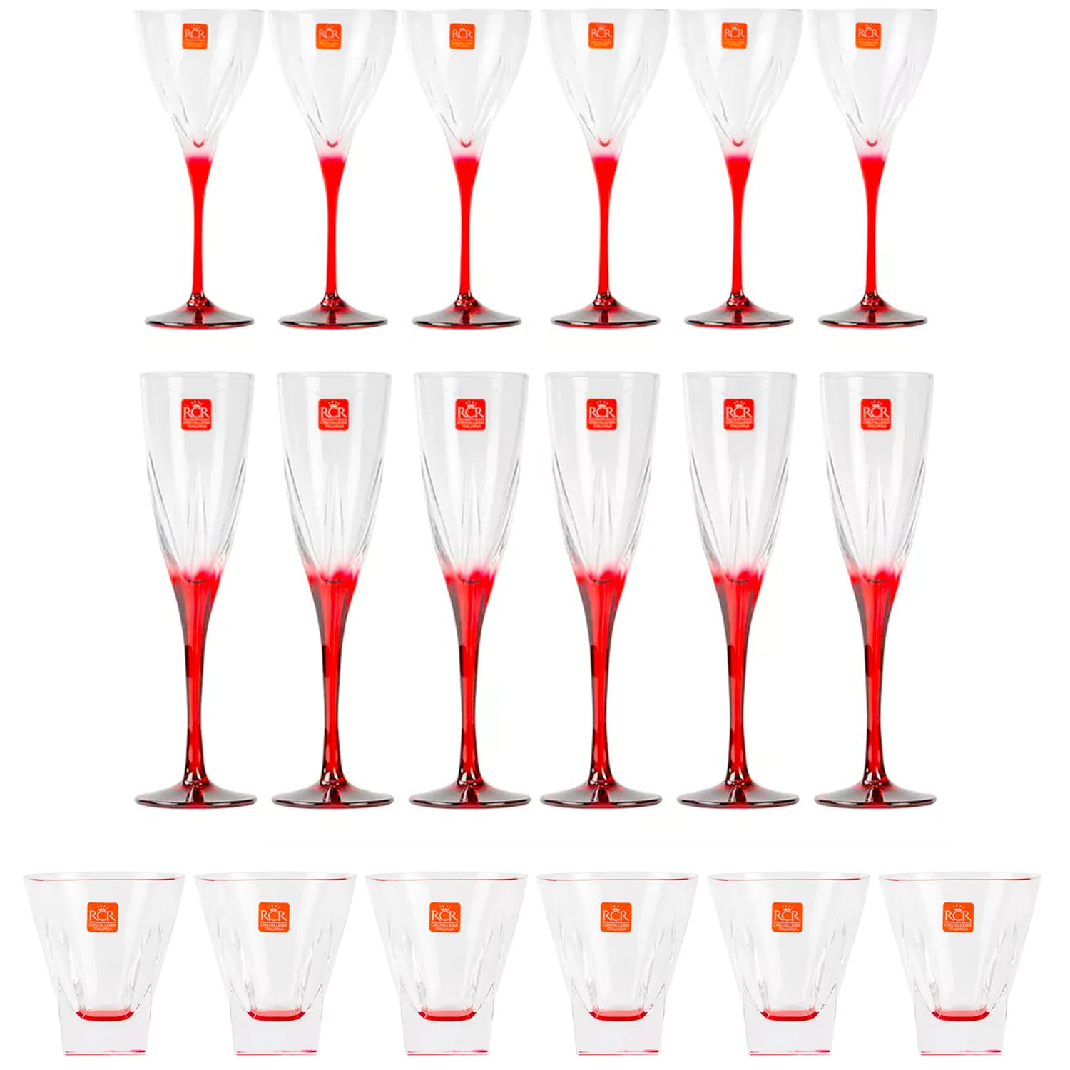 Avilia Set Bicchieri 18 Pezzi - 6 Calici da Vino, 6 Flute Champagne, 6 Bicchieri Acqua, Vetro Trasparente con Dettagli Rossi, Elegante e ideale per Cenoni di Natale e Capodanno