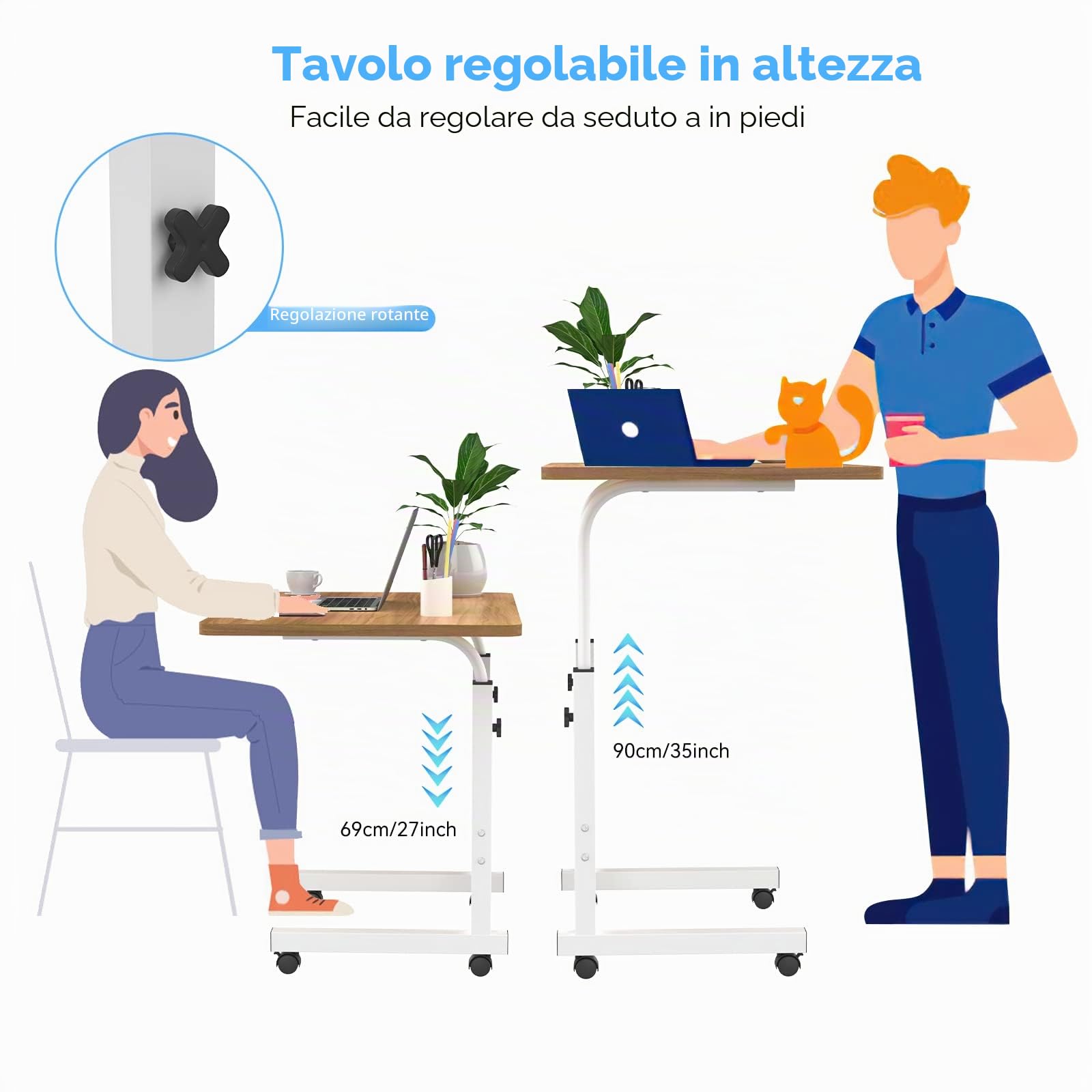 PIPIPOXER Tavolo per Computer Portatile con Ruote 60 x 40 cm, Altezza Regolabile 69-90 cm, Scrivania Mobile Girevole 360°, Legno