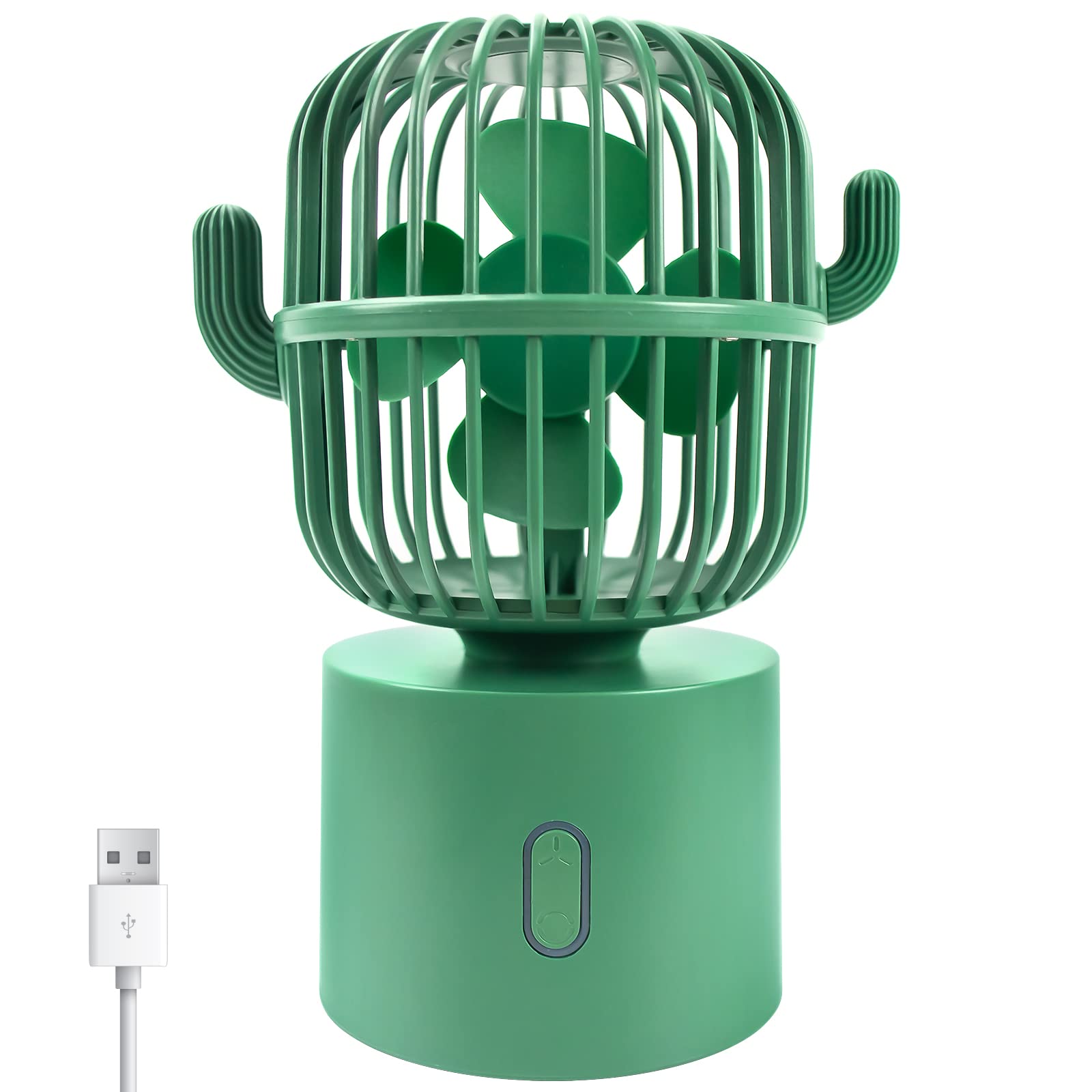 Bilibala Cute Cactus USB Fan, Small Quiet Desk Fan, 80° Rotation Oscillating Fan, 3 Speeds Strong Airflow, Portable Fan for Bedroom, Office, Home, Personal Fan for Desktop Decor, Green Mini Table Fan