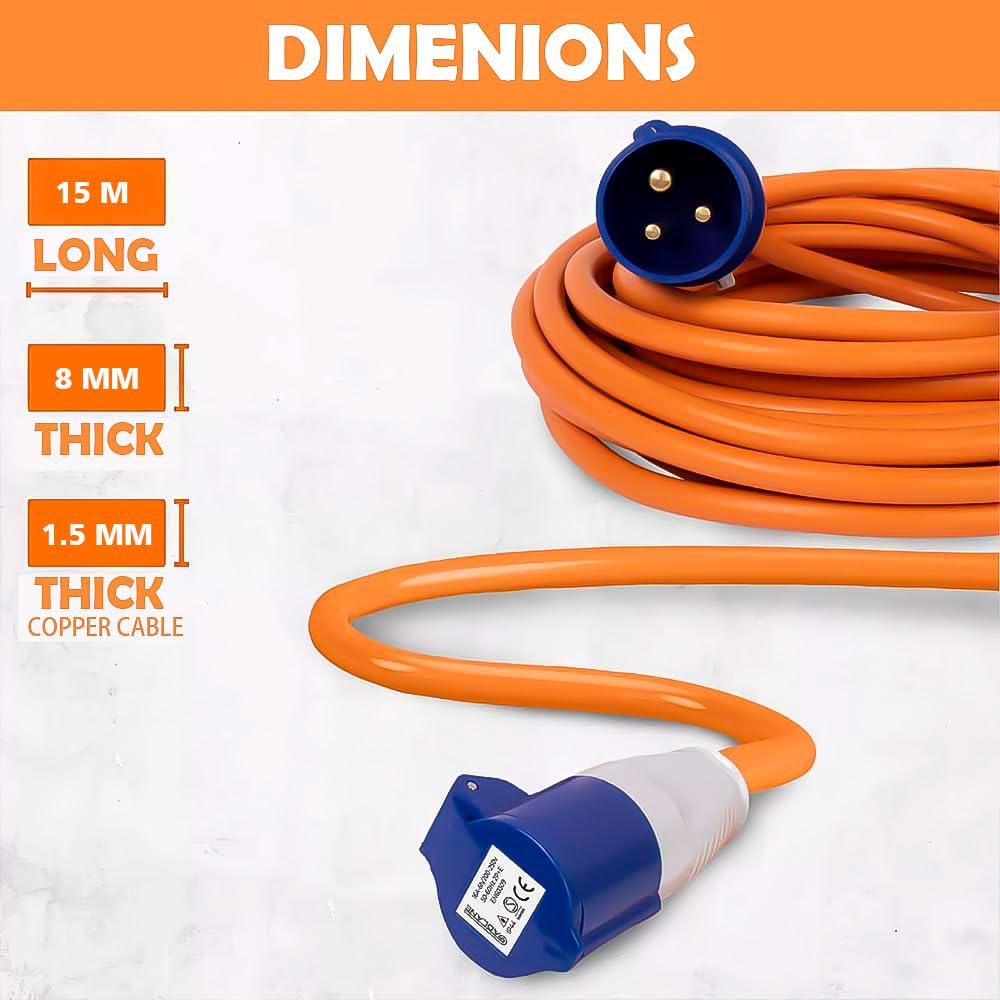 Heavy Duty Caravan Hook Up Cable, 15M Extension Lead Cable, 16 Amp Cable 240V Camping Extension Lead, High Visibility Orange - Perfect for Campervans & Motorhomes (15M) - 3