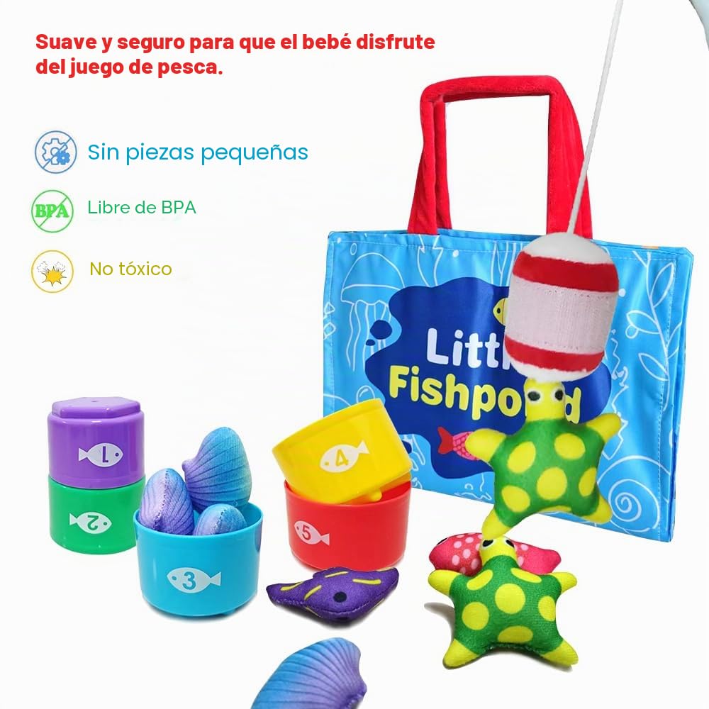 Juego De Pesca Montessori De Tela – 15 Peces, Caña, Cubos Apilables Y Bolsa, Juguete Educativo De 1 A 3 Años