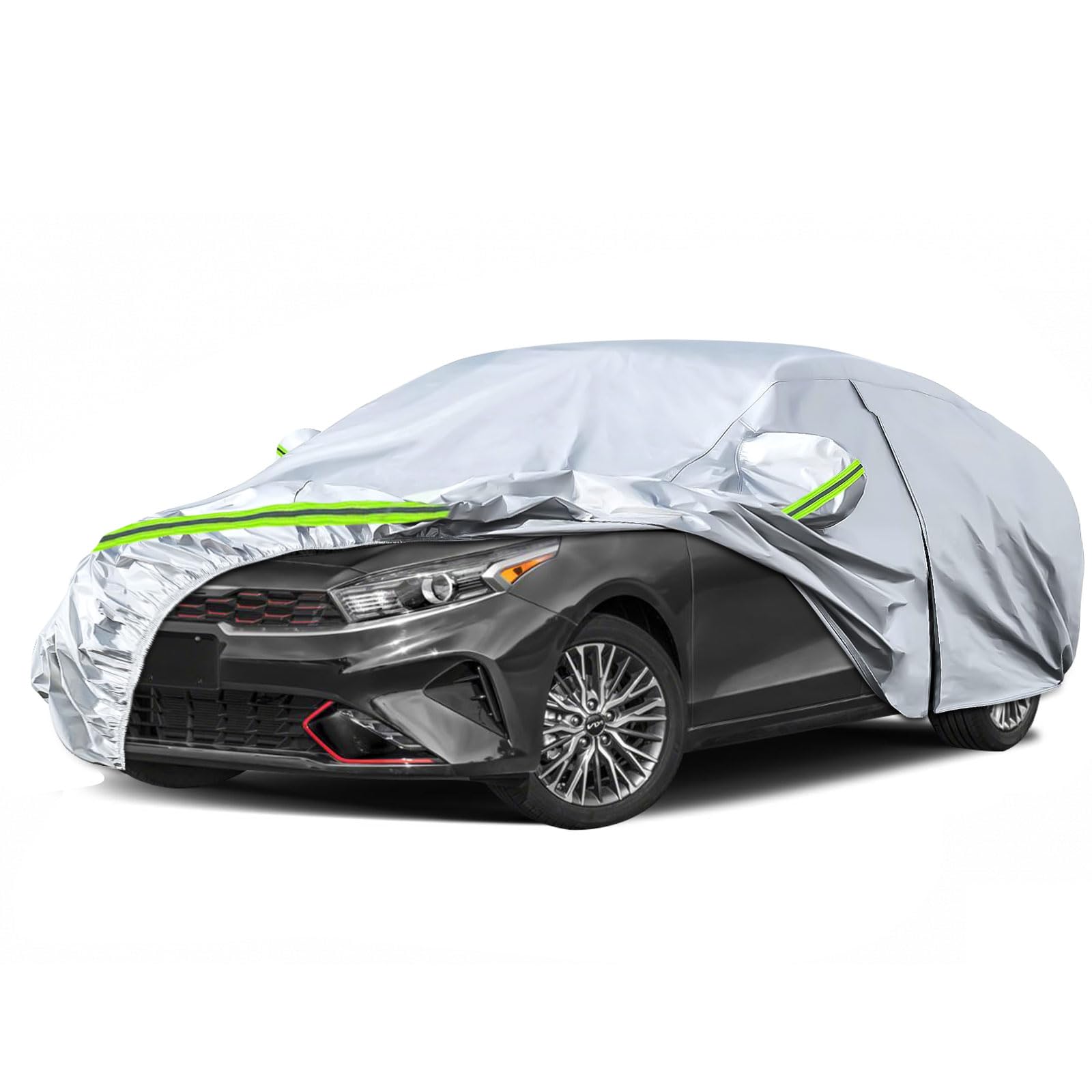 Waterproof Car Covers Replace for 2009-2025 Kia Forte/K3, 6 Layers Silver All Weather Custom-fit Car Cover with Zipper Door & Windproof Bands for Snow Rain Dust Hail Protection