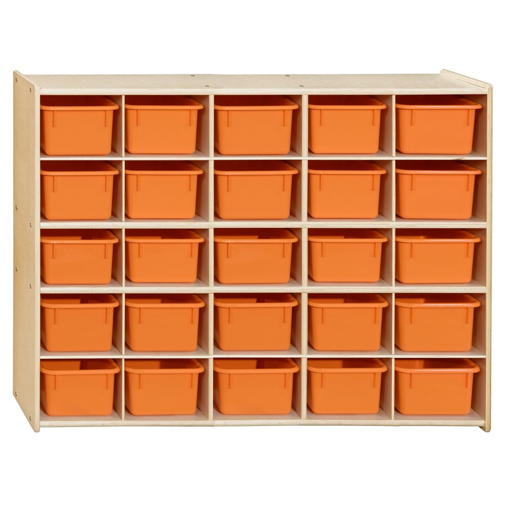 Contender 25 Cubby Storage Cabinet with Orange Trays, Kids Toys, Art and Craft Shelving Unit, Hardwood Shelf for Kindergarten, Homeschool [ Fully