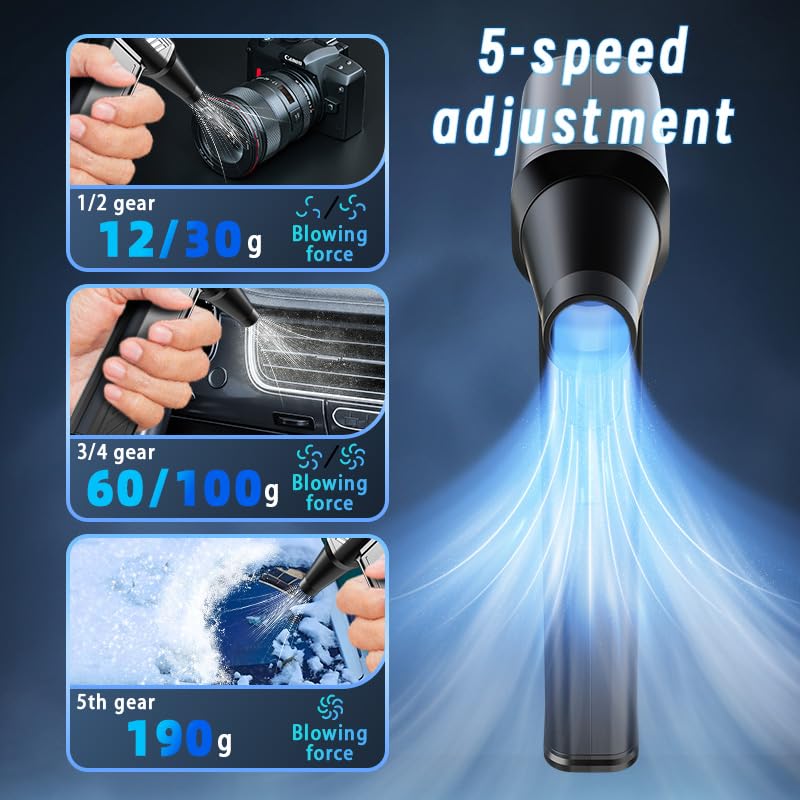 Flintronic Compressed Air Duster PC Cleaner, 150000RPM Air Blower with Over Temperature Protection, 5-Speed Cordless Rechargeable Reusable Compressed Electric Air Blaster for Cleaning Keyboard PC Car - Image 3