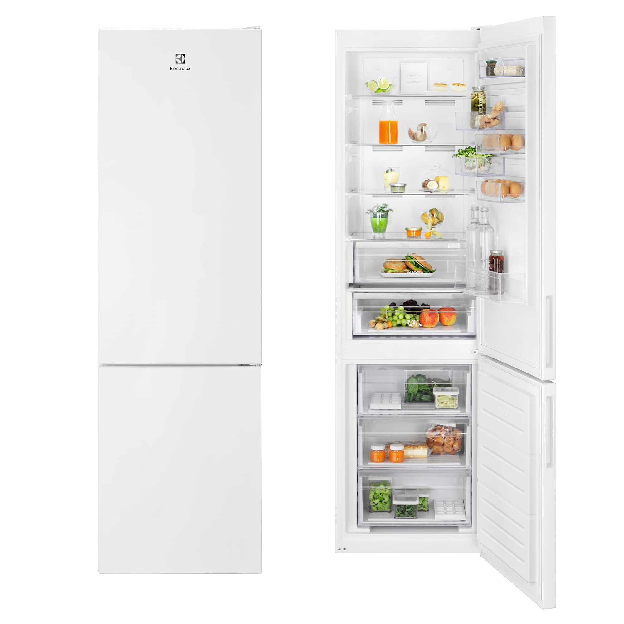 Electrolux LNC7ME36W2 Frigorifico Combi, 2,01 m, Puerta Plana, Twintech No Frost, Cooling 360° MultiFlow, Cajón ExtraChill, Display LED Táctil, Tirador Integrado, 38db, Blanco, Clase E
