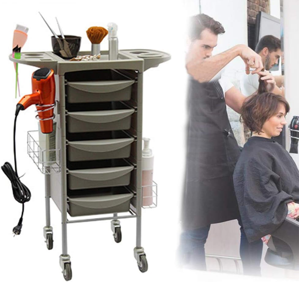 Salon Trolley Professional with 5 Pullout Drawers Hairdresser Barber Beauty Storage Hair Spa Roller Cart (Gray)