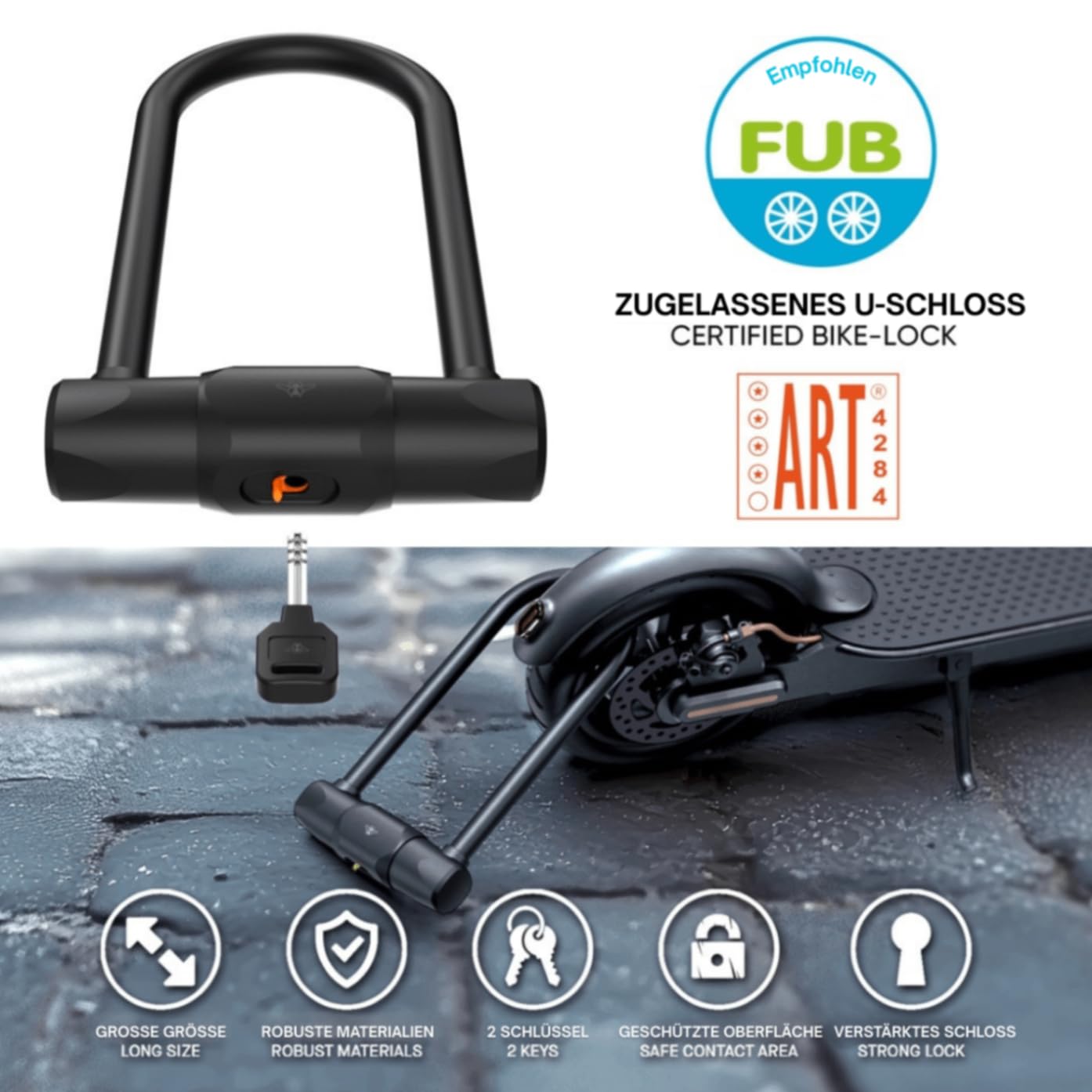 CASR Antivol U XL Fahrradschloss, Fahrradschloss hohe Sicherheit – FUB 2 & ART 4 zertifiziert, Bügelschloss E-Bike, Moto, Roller, 15mm Stahl, 1,7 kg, 23,3cm Bügel, 2 Schlüssel, Schwarz