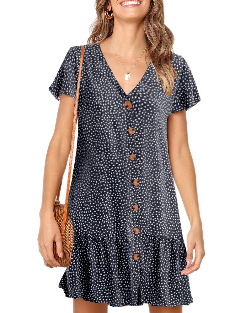 Imysty Womens Summer Polka Dot V Neck Button Down Loose Mini Dress