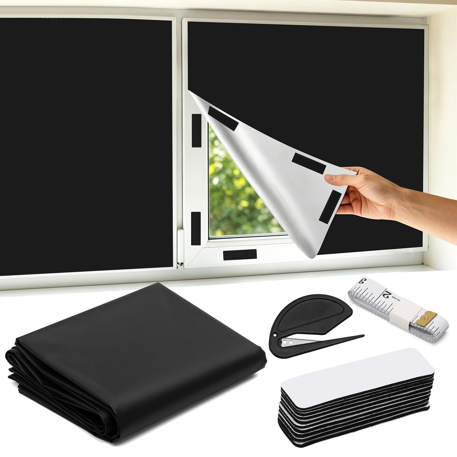 Blackout Window Cover Kit 300x145cm, Blackout Blinds Stick on Temporary, Window Darkening Cover Cuttable No Drilling for Bedroom, Skylight, Touring Car