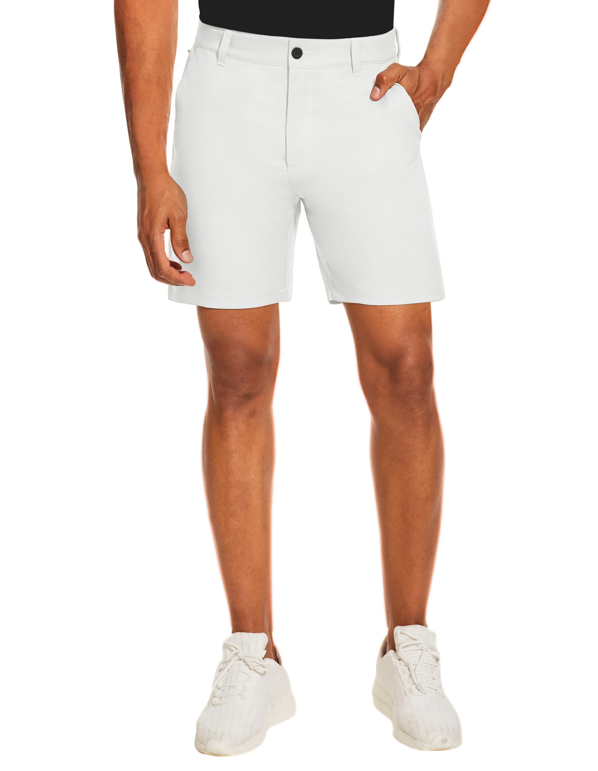 PULI Pantalones cortos de golf para hombre, parte delantera plana, híbridos, 7 pulgadas, ligeros, de secado rápido, estilo chino casual, con bolsillos