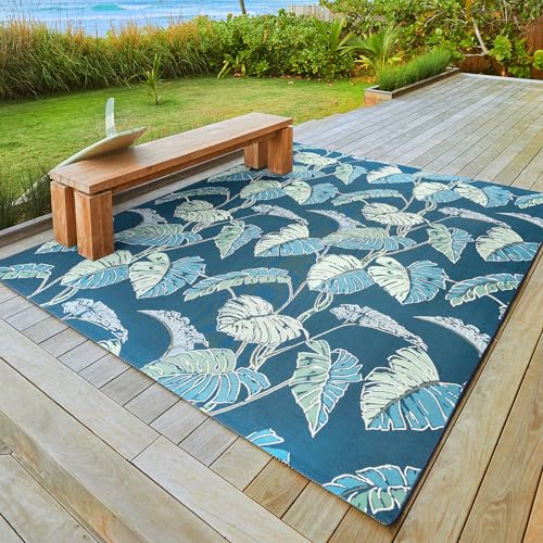 Gertmenian Premium Printed Indoor Outdoor Rugs by Reyn Spooner - 5x7 Standard, Soft, Durable, & Washable Tropical Rugs for Deck, Patio or Living Room - Monstera Leaf, Navy, 46761