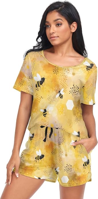Ollabaky Womens Pajama Set Easter Rabbit Flowers Pjs Set Short Sleeve Sleepwear Nightwear Lounge Set for Women