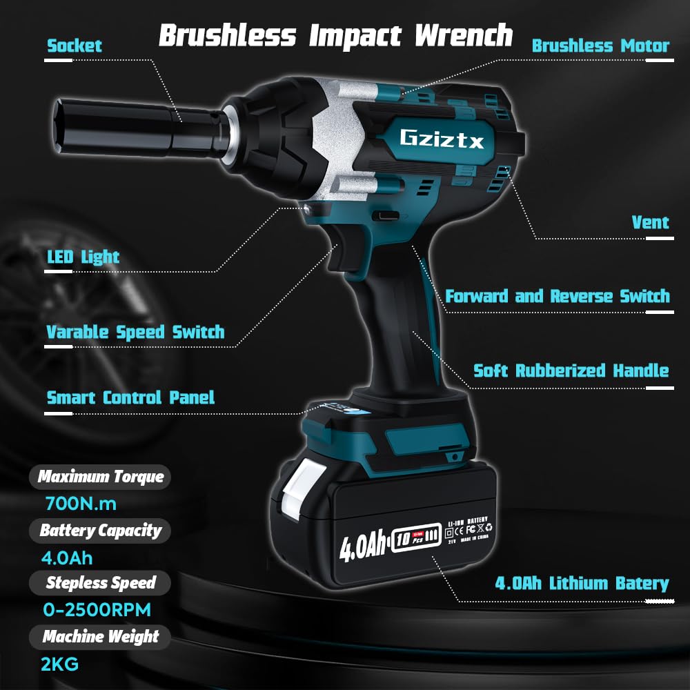 Avvitatore A Percussione A Batteria 21V Brushless - 700 Nm, 3 In 1 (Trapano/Cacciavite), 4.0 Ah, 6 Prese, Luci LED, Custodia