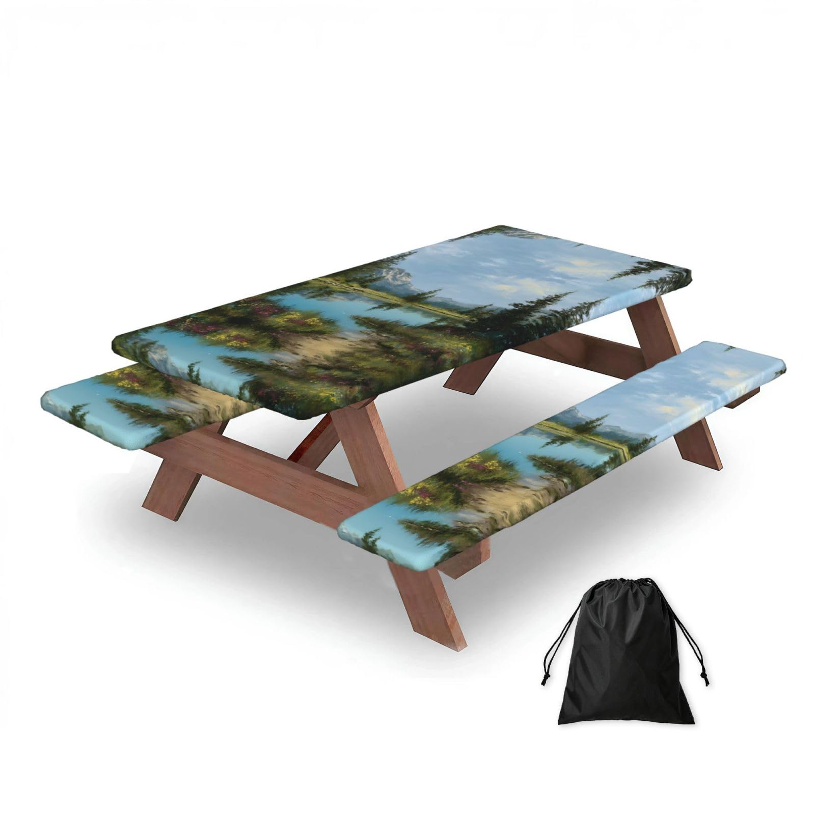ESNAIUVCD Tranquil Lake Print Picnic Table Cover With Bench Covers,Camping Essentials,Fitted Tablecloth Cover With Elastic Edge, For Indoor & Outdoor 3 Pcs