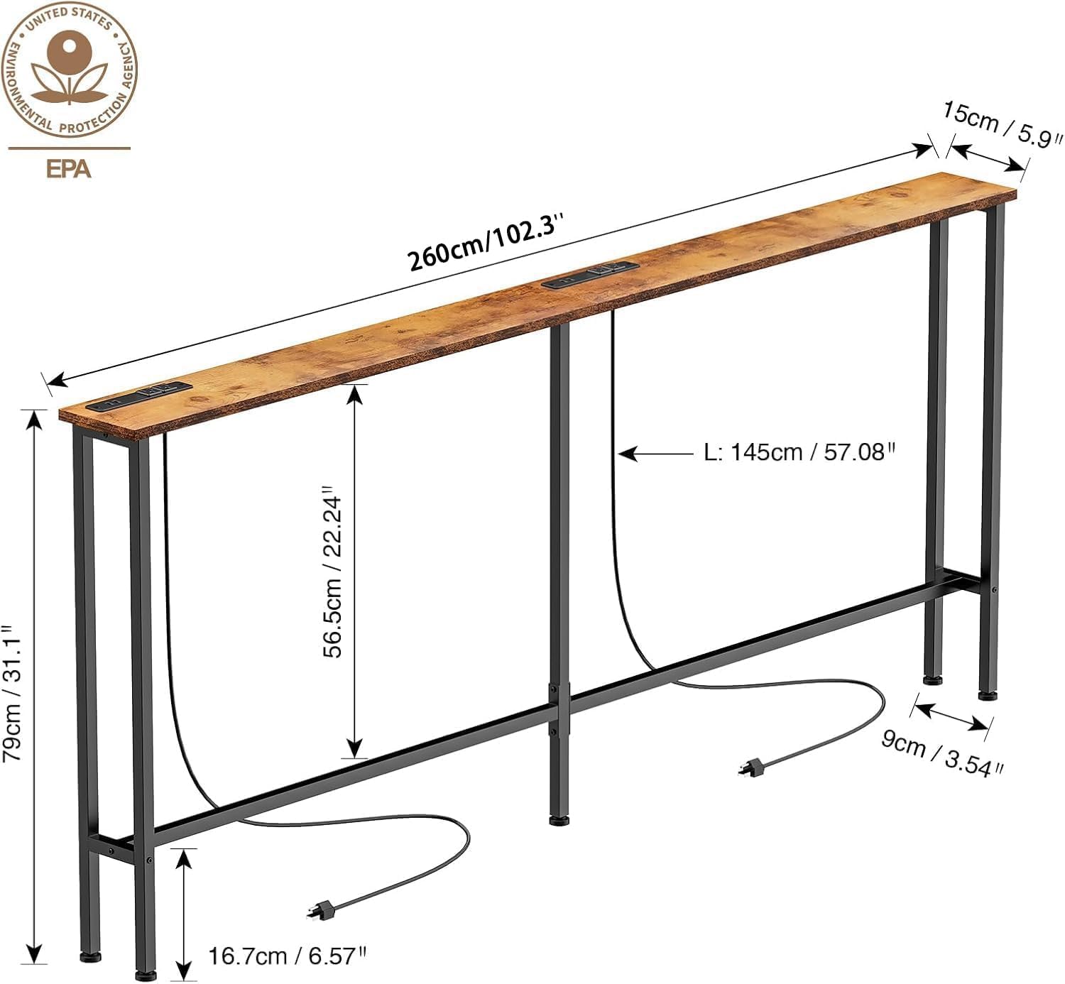 102" narrow console sofa table - 2 power outlets & 4 usb ports, metal frame, rustic brown, perfect for hallway, office, and behind sofa - easy assembly, 4.9' extension cord included rustic brown 102in