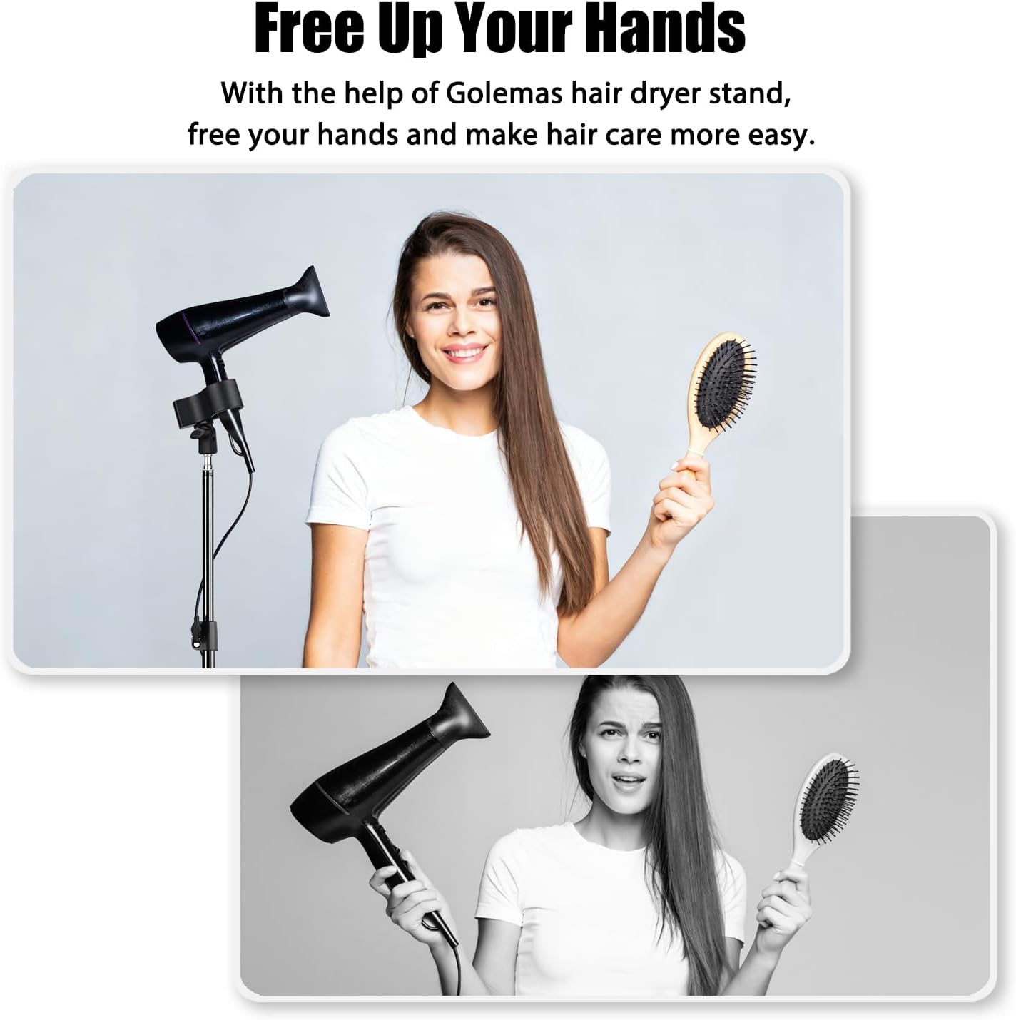 Condition photo showing New/Like New for hair dryer stand, height adjustable hands-free lazy blow dryer holder with 180 degrees rotatable larger clamp non-slip tripod, for bathroom, vanity, makeup room floor or countertop pet salon