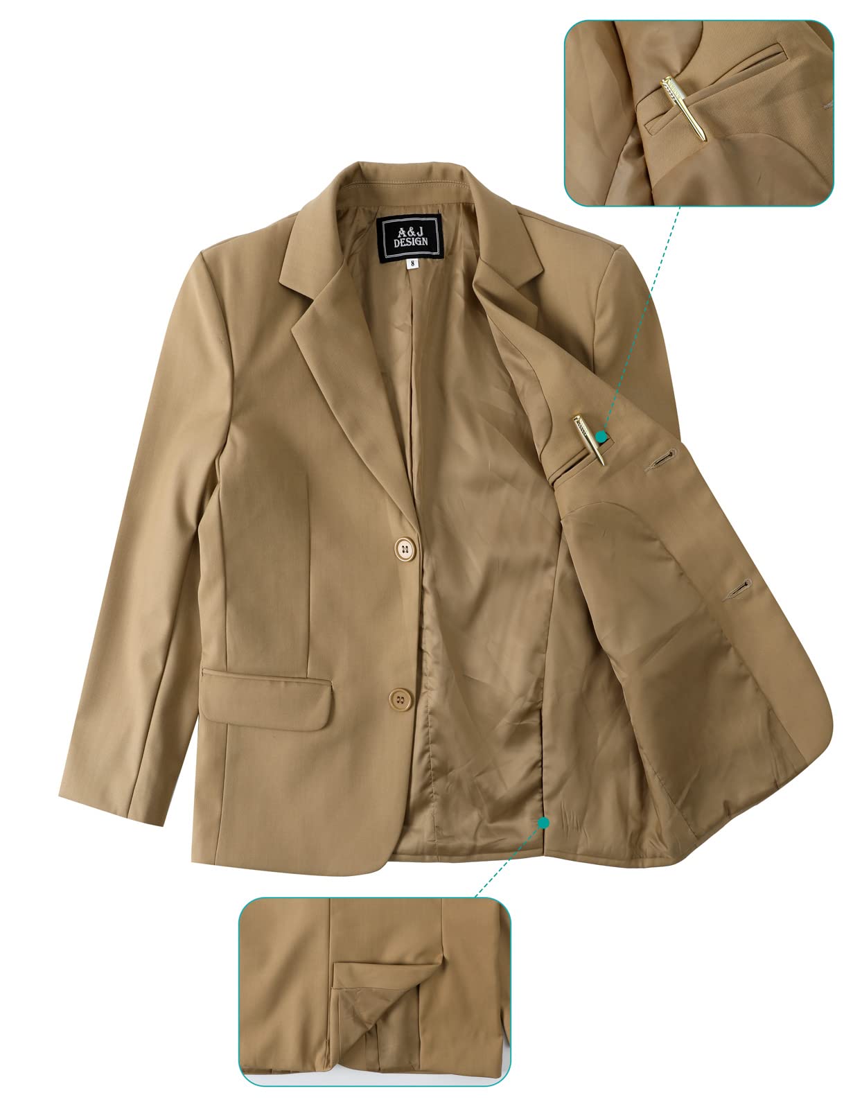 A&J DESIGN Conjunto de traje formal de 5 piezas para niños con chaqueta, pantalones de vestir, corbata, pajarita y pañuelo de bolsillo