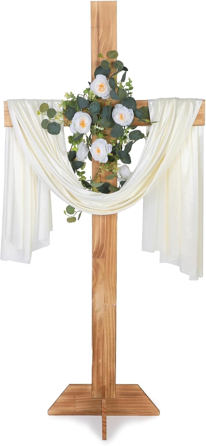 59 Inch Wedding Decorations Wedding Wood Cross and White Ribbons Eucalyptus Garlands Large Standing Cross Decoration Christian Religious Marriage Gifts for Ceremony and Reception Indoor Outdoor Decor brown 59Inch