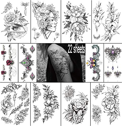 YAKAGO 22 Pieces/Lot Black Sexy Flower Temporary Tattoo Sticker For Women Girl Triangle Rose Necklace Jewelry Large Fake Tattoo Body Art Adult Waterproof Stickers