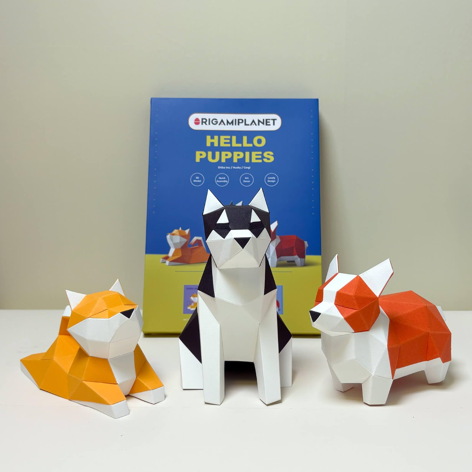 ORIGAMIPLANET Hello Puppies Zestaw upominkowy 3D do origami, 3 szt., Husky/Corgi/Shiba Inu, wstępnie wycięte origami, urocze zwierzę, papierowa rzeźba dla nastolatków i dorosłych, dekoracja domu, DIY