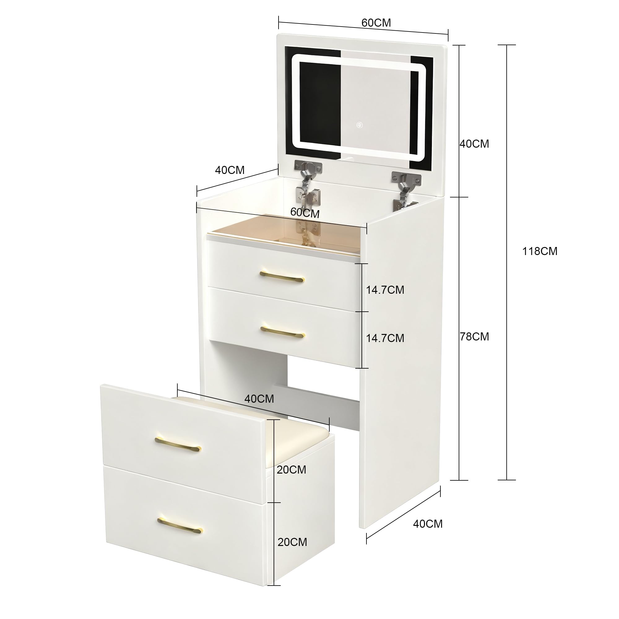 Kleiner Schminktisch mit Spiegel, Hocker, Glasplatte & 3 Schubladen, 60 cm
