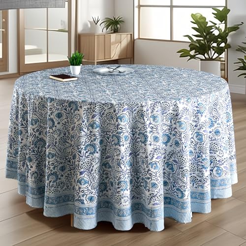 CPC Indigo Blue Block Print Cotton Handmade Round Tablecloth 90 Inch Decorative Table Cover for Home Decor, Dinning, Festive, Wedding, Farmhouse Gift for Spring, Mother's Day