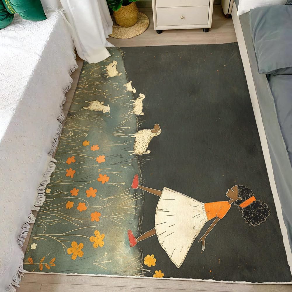 Area Rug Living Room, 4x6 Ft Large Girl Herding Sheep Washable Low Pile Rug, Non Slip Backing Indoor Floor Throw Carpet for Bedroom Kitchen Dining Room Playroom Office