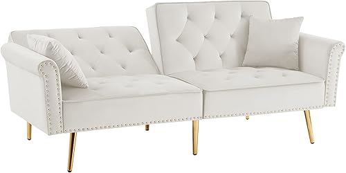 Miniatura 6 de Moderno sofá cama convertible de terciopelo con 2 almohadas, sofá biplaza futón con múltiples posiciones ajustables y patas de metal dorado para