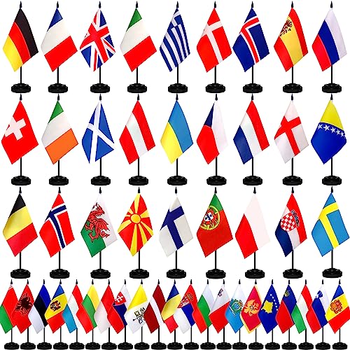 TSMD Europe European 48 Countries Desk Flags Set Small Mini Office Table Stick Flag with Stand Base for Classroom Decorations,5x8 Inch