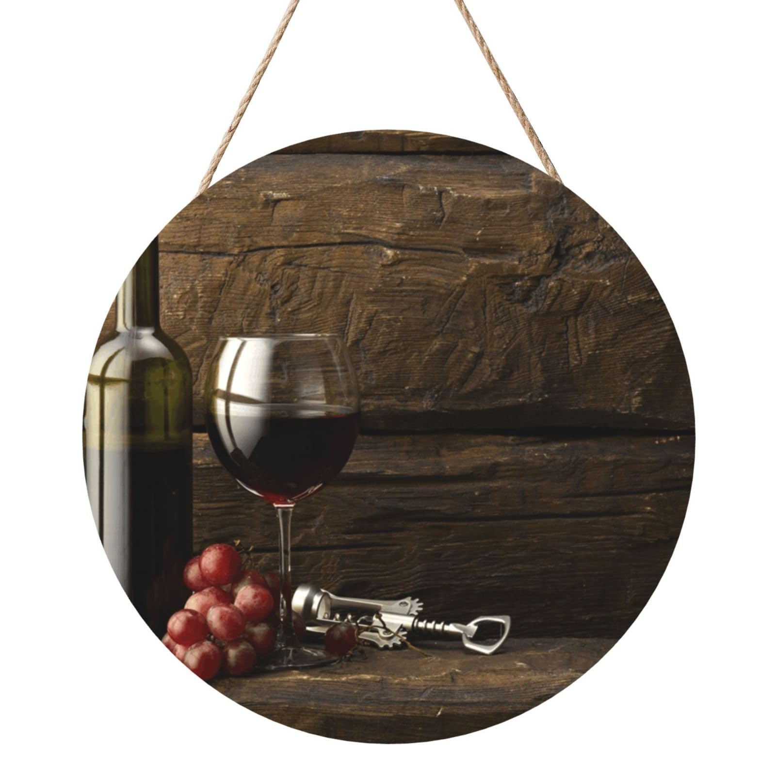 InOmak Grapes Bottle And Glass Of Red Wine, Round Wood Panel Painting 12 in, Wall Hanging Painting For Home