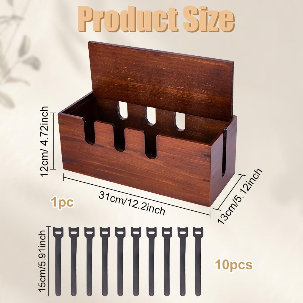 ORIGACH Große Kabelmanagementbox Aus Holz Mit Deckel Und Kabelbindern Bodenkabelorganisator Mit Überspannungsschutz Und 7 Ausgang Für TV Kabel Computer Router USB Hub Und Steckdosenleiste