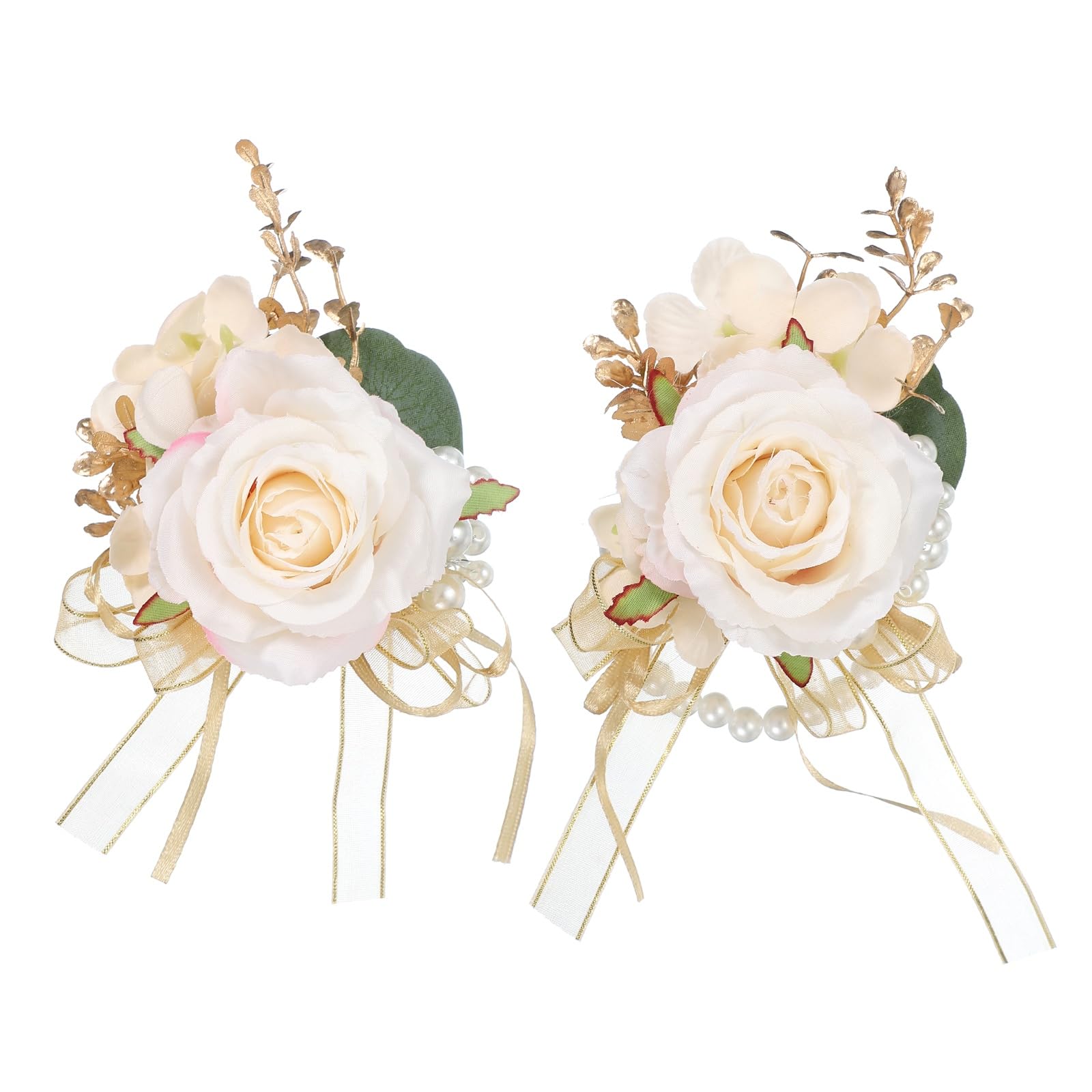 sourcing map Wrist Corsage and Boutonnieres Set, Artificial Flowers Corsage Wristlet for Wedding Bride Groom Ceremony Anniversary Prom Party, Champagne