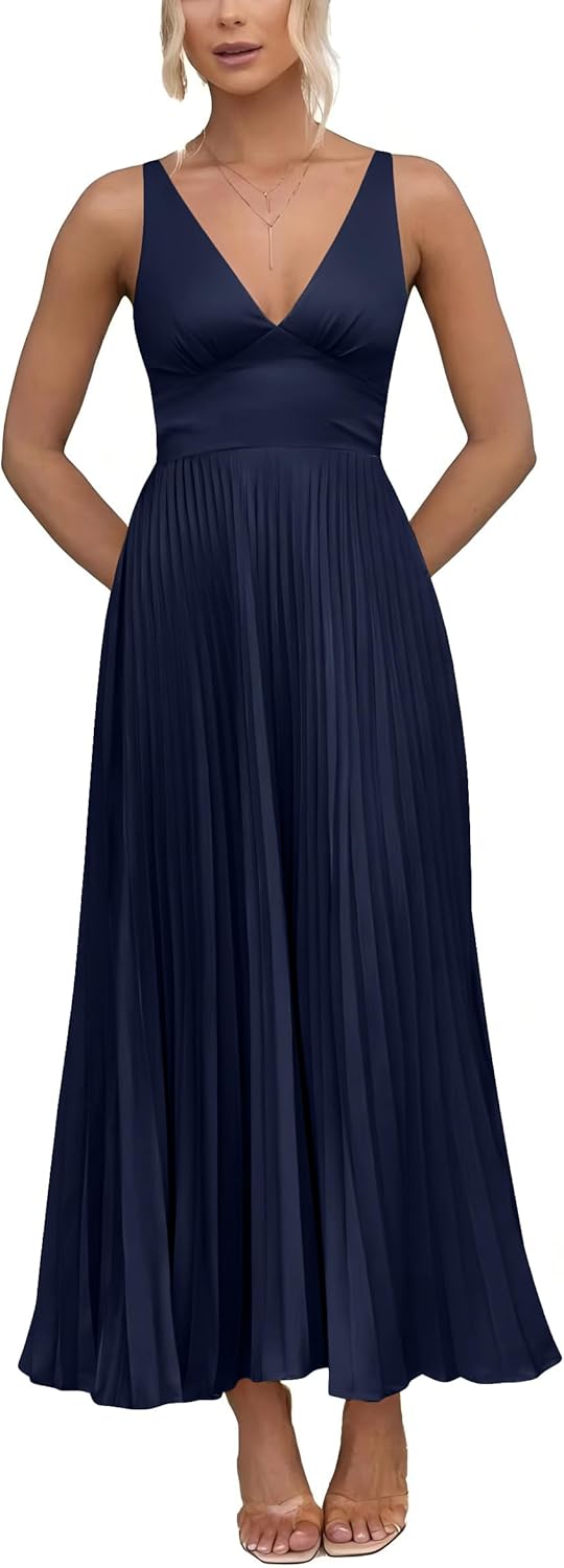 Women's Pleated Bridesmaid Dresses for Wedding V Neck Adjustable Straps Maxi Formal Party Dress - Image 2