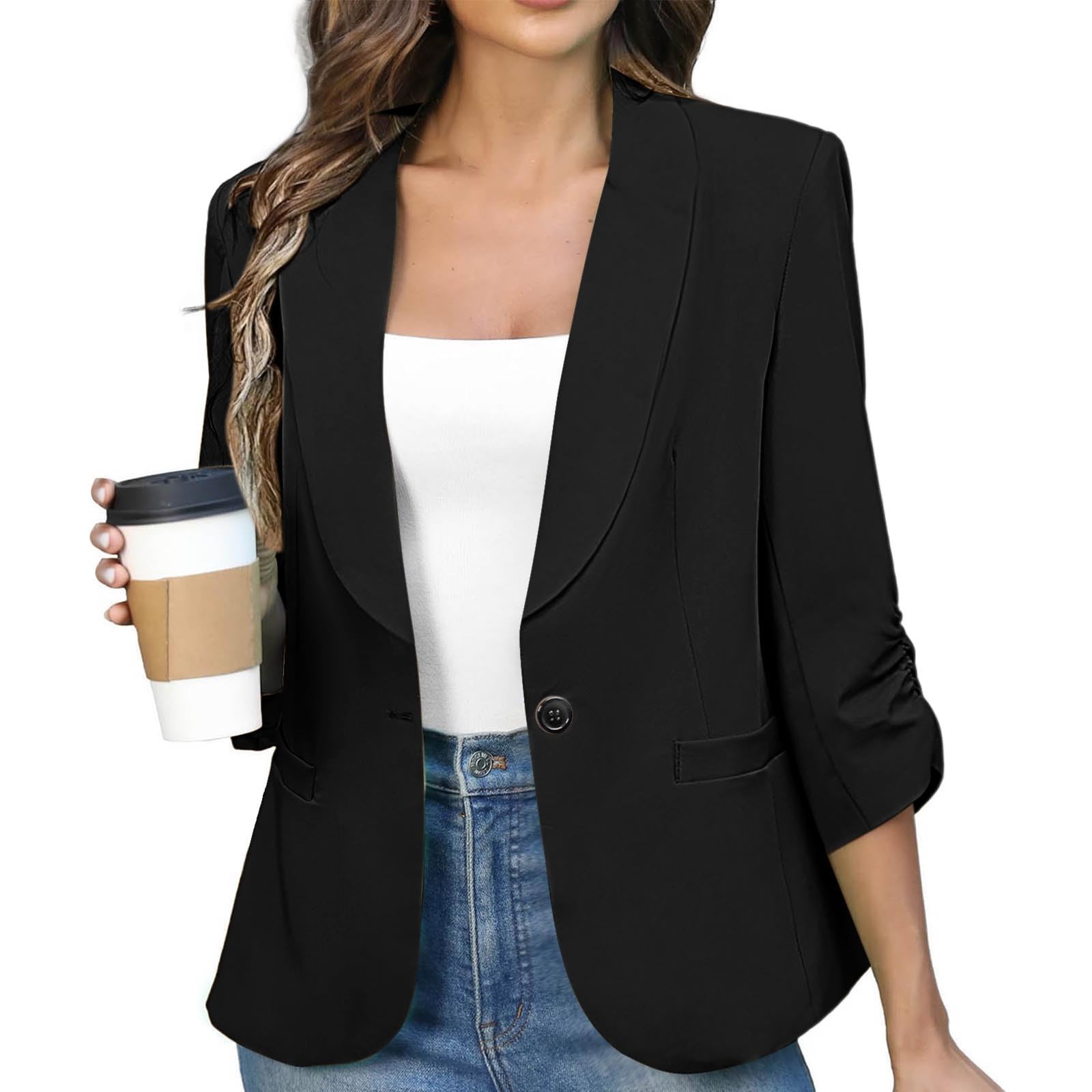 Blazers for Women 3 4 Sleeve Lapel Open Front Blazer Jackets Lightweight Button Down Sumemr Business Casual Suit