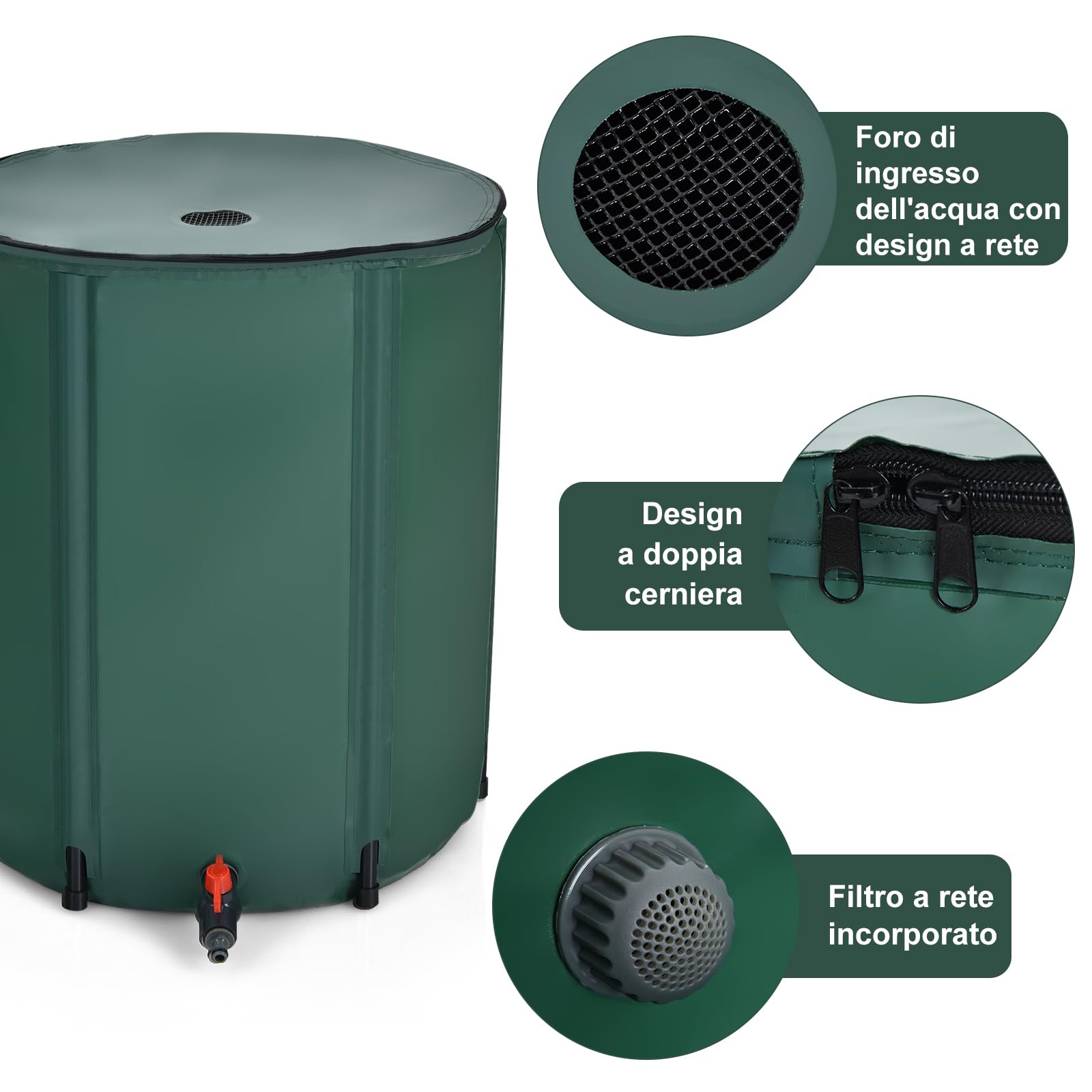 GYMAX Serbatoio d'acqua Pieghevole 200L, Serbatoio Raccoglimento con Filtro e Rubinetto, Sistema di Raccolta dell'Acqua Piovana in PVC per l'Irrigazione delle Piante, Verde