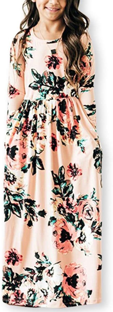 21KIDS Girls Maxi Dress Floral 3/4 Long Sleeve Dresses with Pockets for Girls 6-12 Years