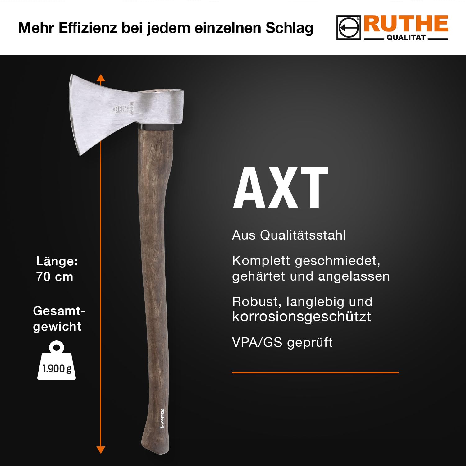 RUTHE Hache Hickory 1250 g | Hache de Jardinage Robuste | Hachette à fendre avec Manche en Hickory 80 cm | Outil Durable pour Coupe et ébranchage | Acier forgé certifiée VPA/GS