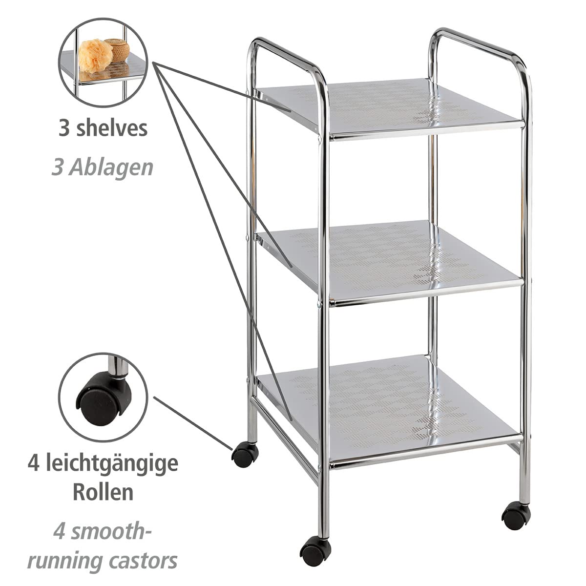 WENKO Badwagen Sando, Haushaltswagen mit 3 Ablagen, rollbarer Küchenwagen aus verchromtem Stahl, Flexibel platzierbar durch Vier leichtgängige Rollen, universell einsetzbar, 32 x 71 x 36,5 cm, Chrom