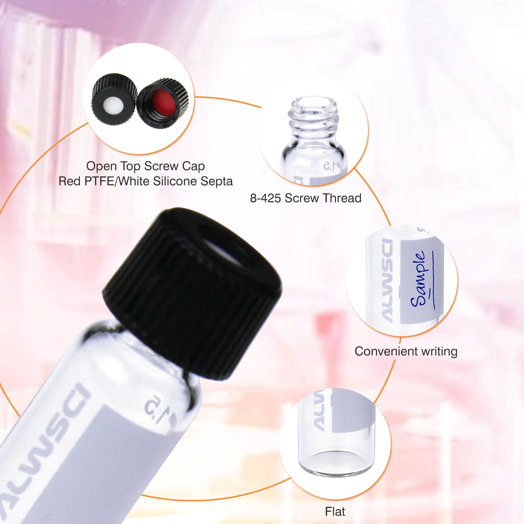 ALWSCI Fiale di Vetro per HPLC da 2 ml, Fiale per Autocampionatore Trasparenti da Laboratorio, Fiala Trasparente 8-425, Tappo a Vite Blu con Foro, Setti in Silicone Rosso PTFE&Bianco, 100 pz.