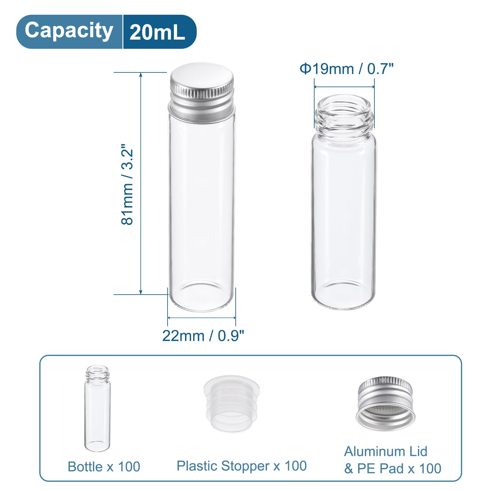 PATIKIL Fiolki z przezroczystego szkła, 20 ml, 100 sztuk małych fiolek na próbki płynów z zakrętkami, plastikowe korki, szczelne butelki, puste słoiki