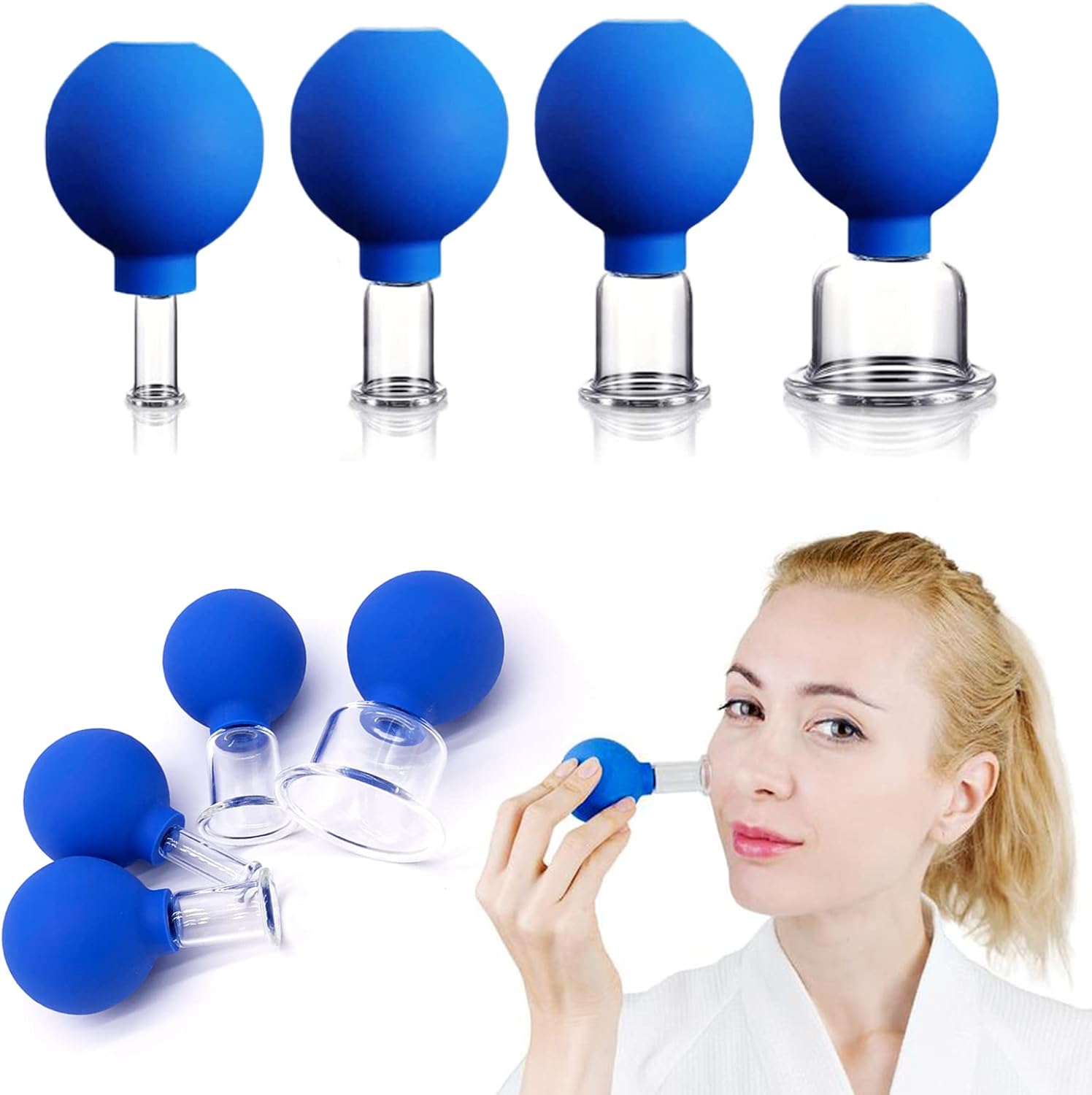 Vinban 4 PCS Glass Facial Cupping Set | Silicone Vacuum Suction | Cupping Massage Therapy | A Kit For Anti Cellulite, Anti Wrinkle and Instantly Ageless Skin | For Eyes, Face and Body