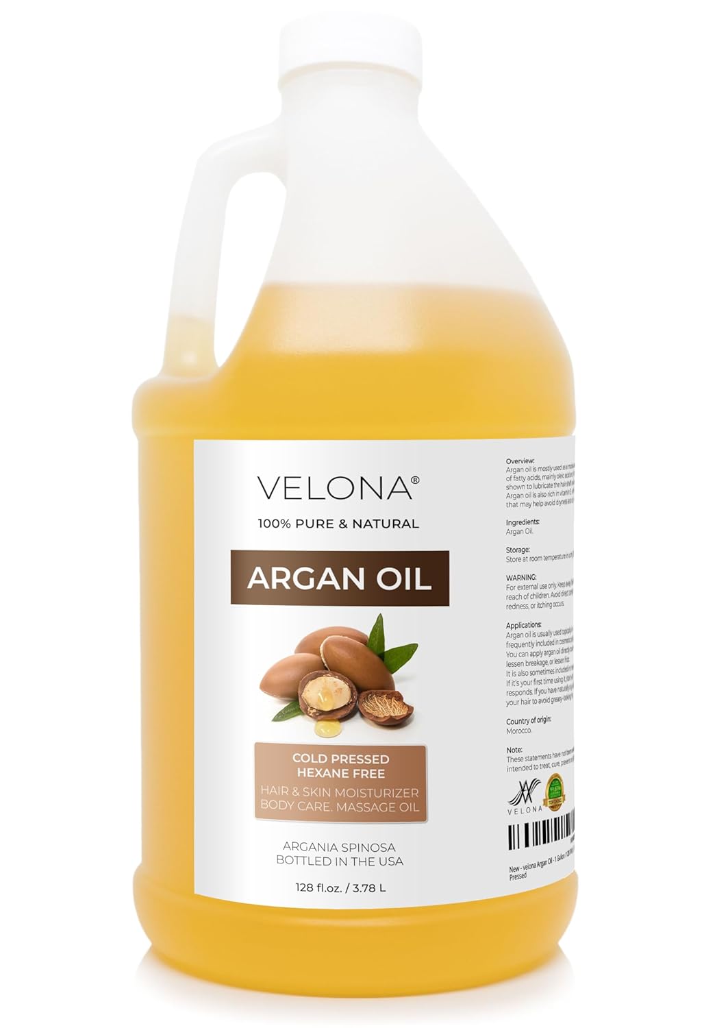 velona Argan Oil – 1 Gallon / 128 Fl Oz | 100% Pure and Natural | Morocco Oil | Skin, Body and Face Care | Nails Protector | Unrefined, Cold Pressed | Cap Kit