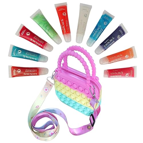 Juego de brillo de labios para niños, adolescentes, niñas y mujeres, sabores de fresa, apto para niños, a partir de 5 años (bolso de mano+10