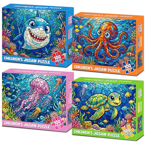 4-Pack 100 Piezas Rompecabezas para Niños Edades 4-8 6-8 8-10, Tiburón Tortuga Pulpo Medusa Rompecabezas Animales Oceánicos, Juguetes para Niños 15"x10" miniatura 1