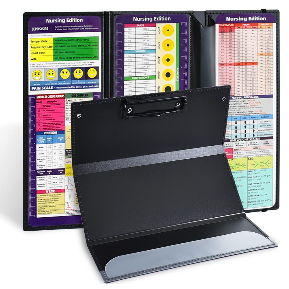 Vuzvuv Nursing Clipboard Foldable,Black Nurse Pocket Clipboard 3 Layers with Nursing Medical Edition Cheat Sheets, Foldable Nurse Clip Boards Notepad for Students, Nurses, Doctors and Medical Staff