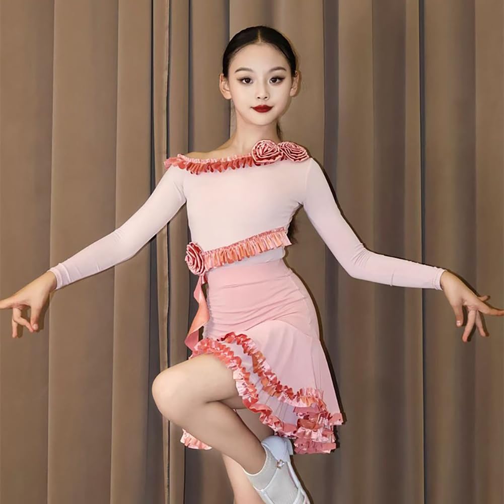 EFLALYHG Ropa de Baile para niñas y niños, Vestido de Baile Latino de Manga Larga para salón de Baile práctica actuaciones competición Disfraz