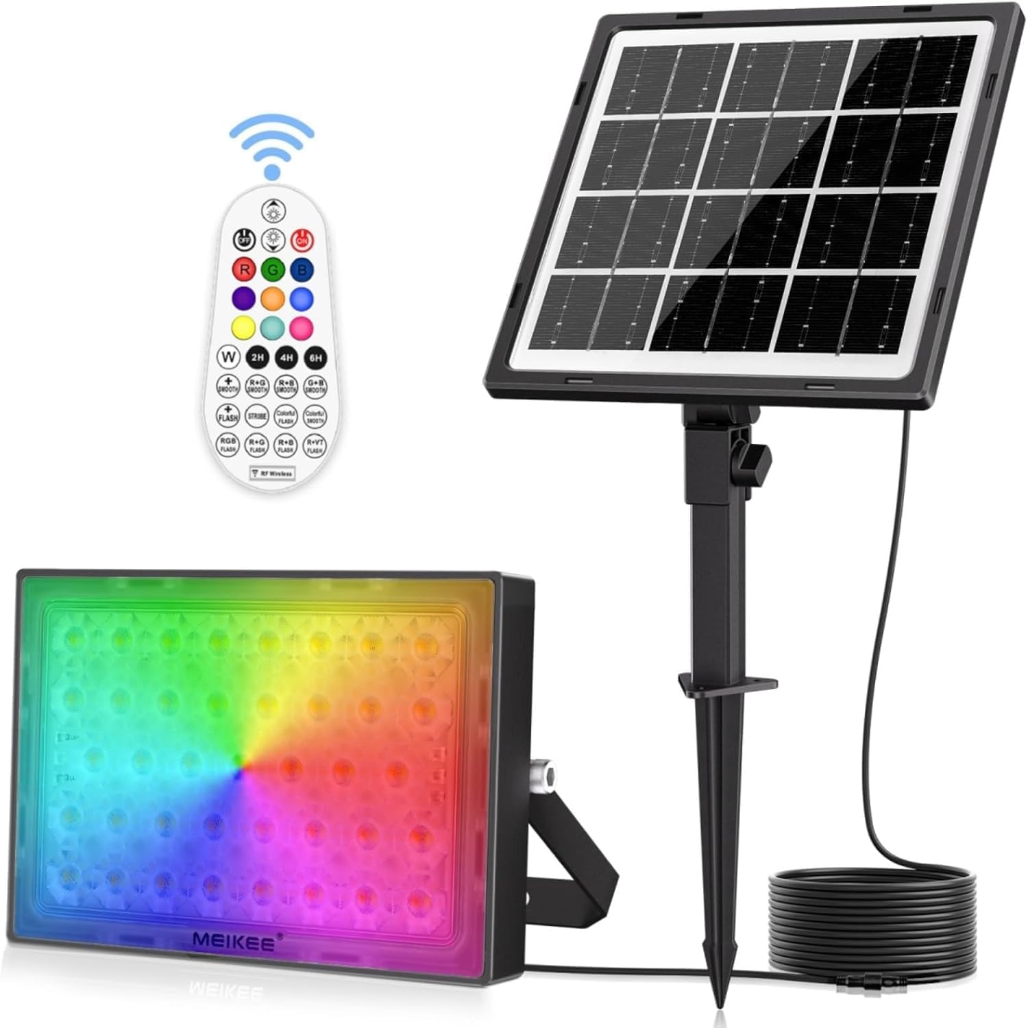 MEIKEE RGBW Solar Flood Light Outdoor, RGB Color Changing 2700K IP66 Waterproof LED Solar Powered Lights, Dimmable Timing Strobe Christmas Halloween Landscape Lighting for Patio Party Garden