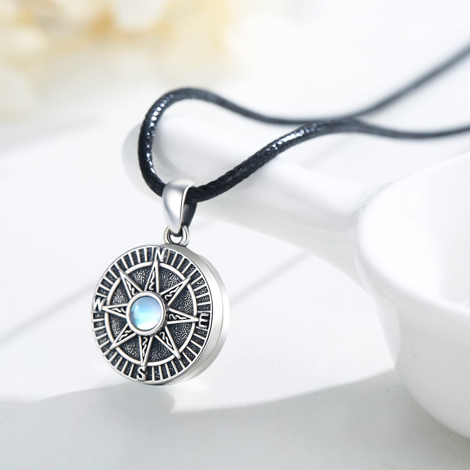 REDSUN Kompass Medaillon Halskette 925 Sterling Silber Mondstein Kette Keltisches Knoten Foto Medaillon Amulett Medallion mit Foto Kompass Schmuck für Herren Sohn Jungen Damen Geschenke