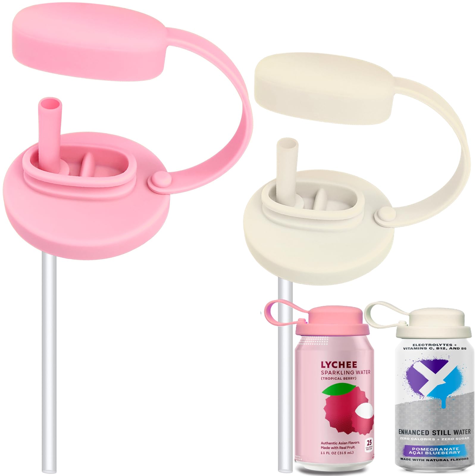 2 Pcs Silicone Soda Can Lids with Straw, Pop Can Lids with Handle, Reusable Can Covers for Standard Size Beverage, Juice, Coke, Soda, Beer & Seltzer, Prevents Dust, BPA-Free(cream+pink)
