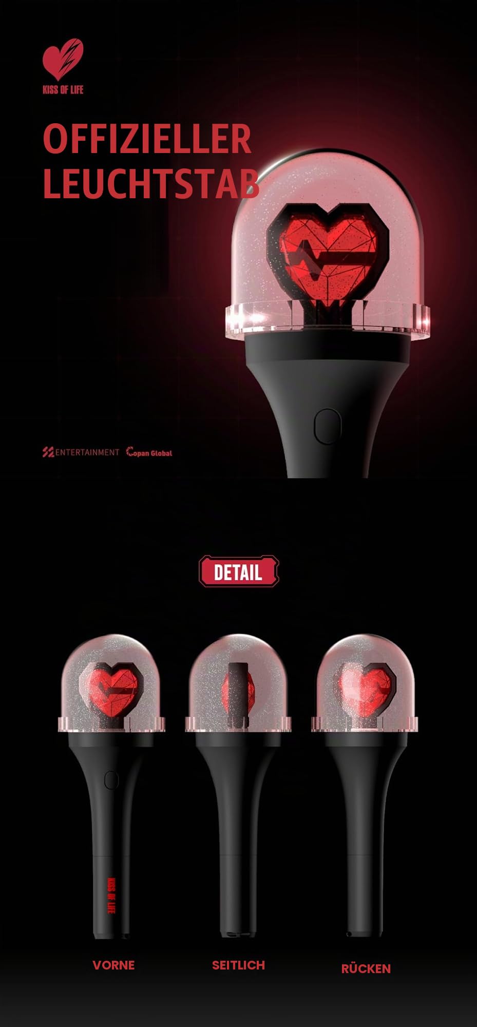 Genie Music K-Pop Merchandise - Light Stick - Schwarz - 1x1x4 inches - K-Pop Song - Licht - Wandmontage, eigenständig - Geburtstag - Herz - Modern - Fanartikel für Konzerte